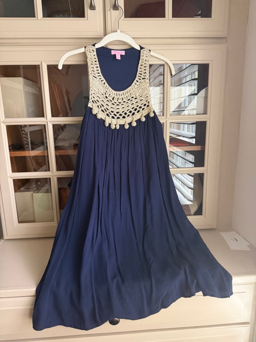 Lilly Pulitzer Navy Blue Midi Dress with Cream Crochet Yoke